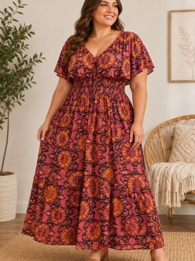 Ana & Rose 2XL Fits Large Boho Smocked Waist Flutter Sleeve Maxi Dress